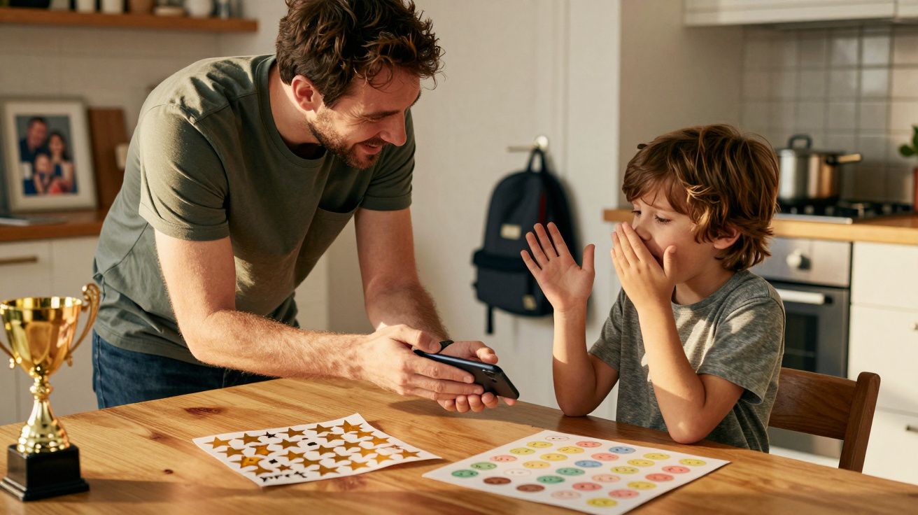 Mann und Kind im Wohnzimmer, der Mann zeigt dem Kind ein Handy, der Junge wirkt überrascht und erfreut.