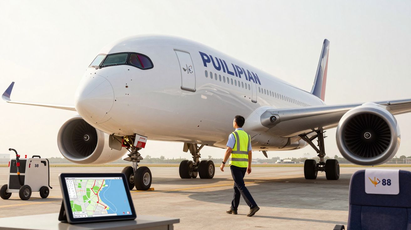 Flugzeug auf Rollbahn mit Wartungspersonal und Tablet im Vordergrund, das einen Flughafenplan anzeigt.