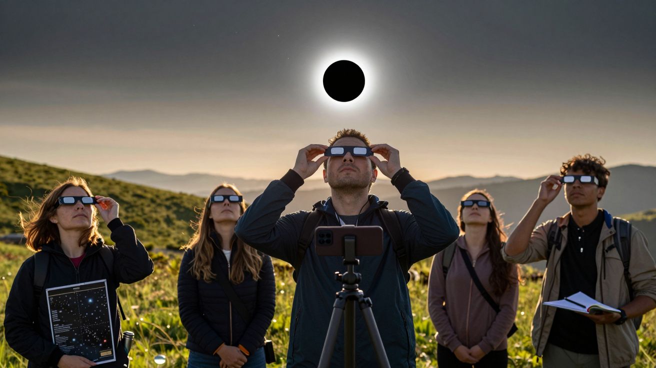 Gruppe von Menschen beobachtet Sonnenfinsternis mit Schutzbrillen auf einer Wiese bei bewölktem Himmel.