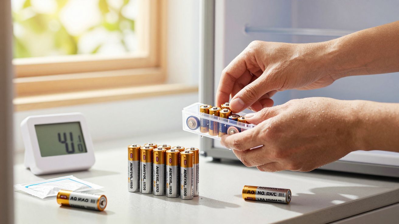 Person sortiert AA-Batterien auf einem Tisch neben einem digitalen Thermometer und einem Fenster mit Tageslicht.