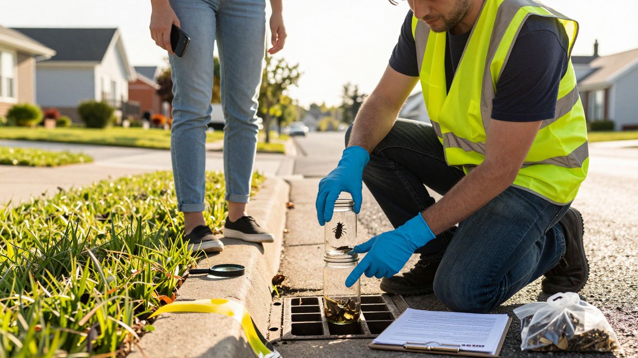 Mann in Warnweste untersucht Insektenprobe in Glas, kniet neben Straßengully, Frau steht daneben.