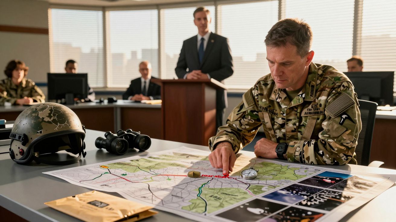Ein Soldat in Tarnuniform studiert Karten auf einem Tisch, während Personen im Hintergrund notieren und ein Anzugträger spric