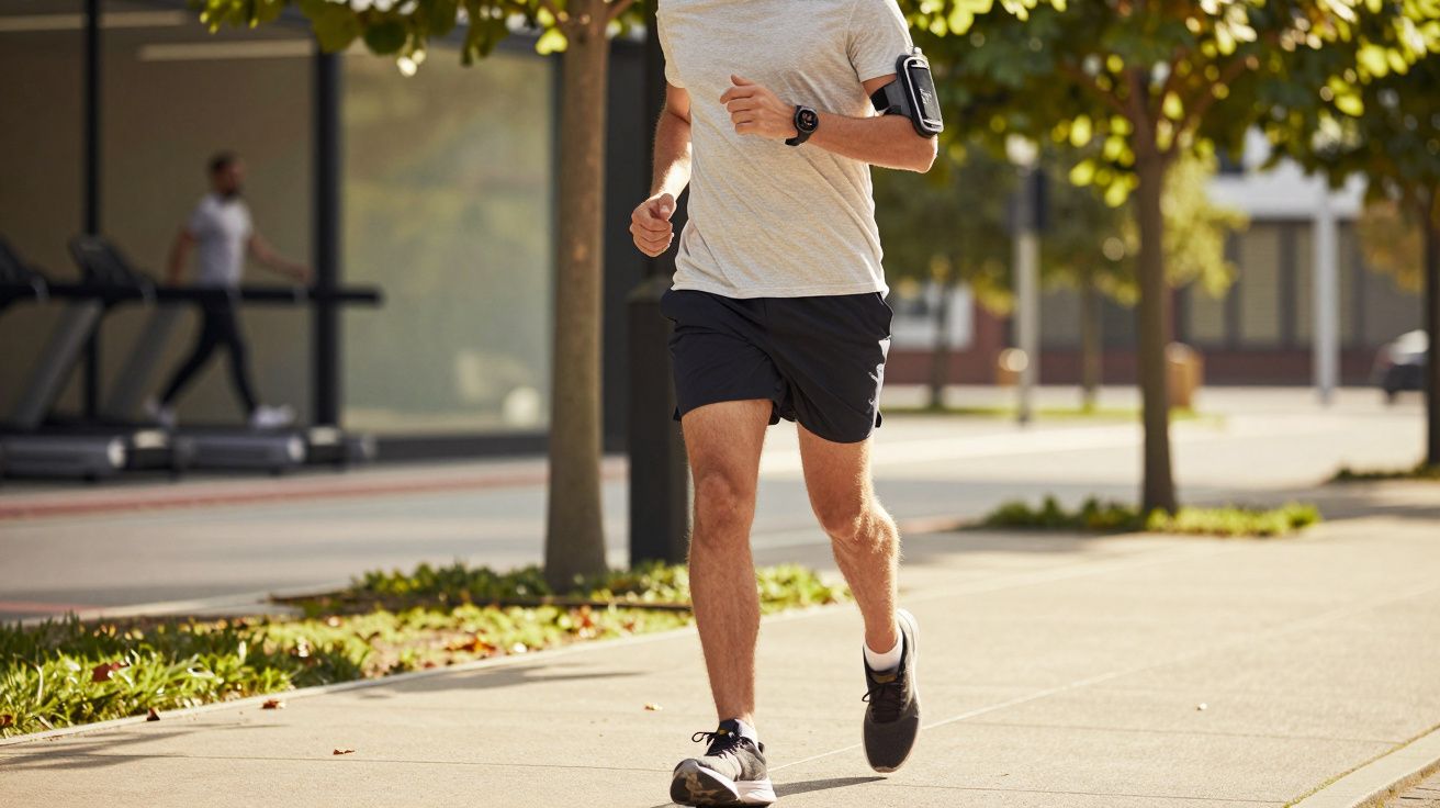 Mann joggt auf Gehweg in städtischer Umgebung, trägt graues T-Shirt, schwarze Shorts, Sportschuhe und Armband.