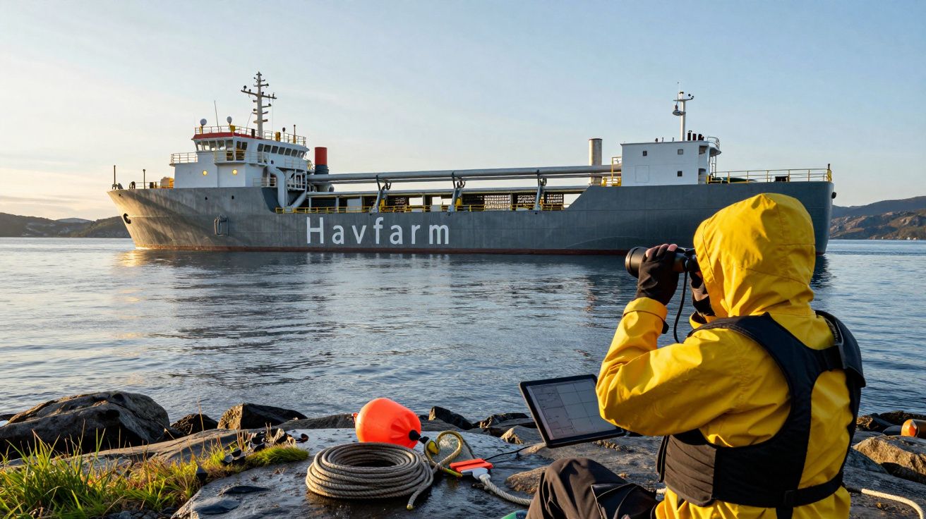 Person in gelber Jacke beobachtet ein großes Schiff mit Fernglas von einem felsigen Ufer aus.