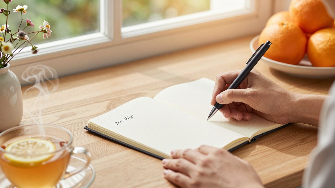 Person schreibt in Notizbuch am Fenster, daneben Tee mit Zitrone und Orangen auf Holztisch.