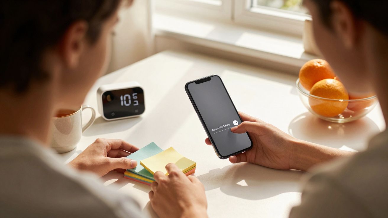 Zwei Personen am Tisch, eine hält ein Smartphone, die andere bunte Notizzettel; im Hintergrund eine Uhr und Orangen.