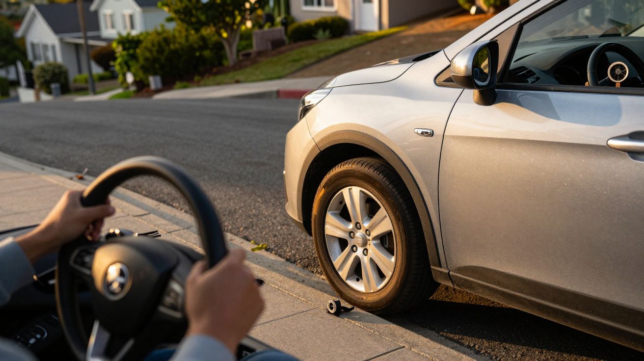 Person lenkt Auto in Parklücke auf sonniger Wohnstraße ein, nah am Bordstein.