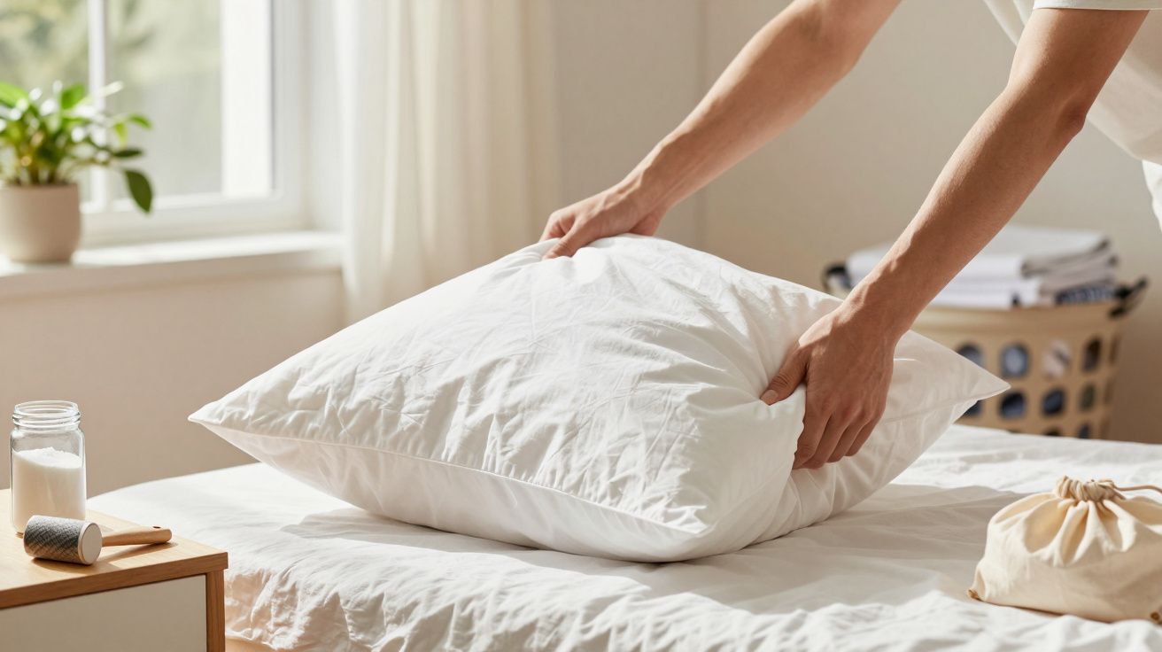 Eine Person richtet ein weißes Kissen auf einem Bett in einem hellen, gemütlichen Raum mit Topfpflanze.