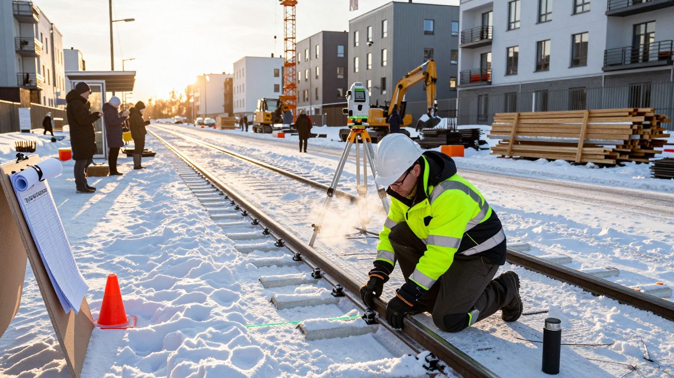 Arbeiter in Schutzkleidung überprüft Gleise im Schnee, während im Hintergrund Bauarbeiten in einem Wohngebiet stattfinden.