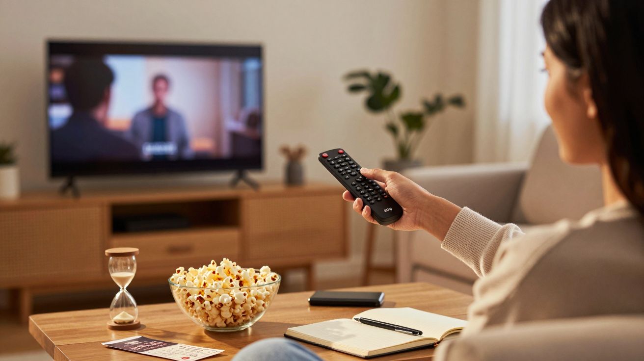Person auf Sofa schaut fern, hält Fernbedienung, Popcornschale auf Tisch, Schreibmaterial daneben.