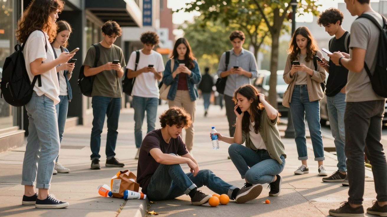 Gruppe von Jugendlichen auf dem Bürgersteig, ein Junge sitzt auf dem Boden mit umherliegenden Orangen, Handy in den Händen.