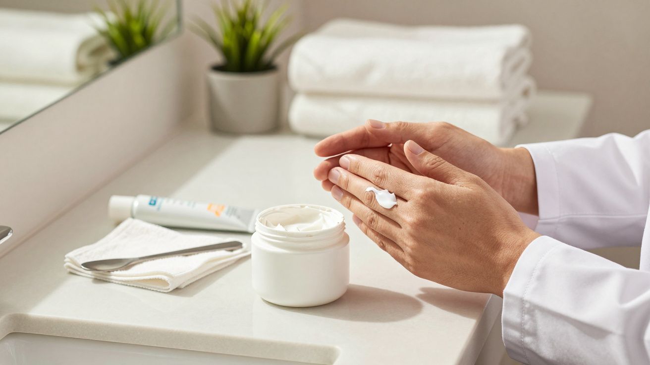 Person trägt Creme auf Hände auf, neben einer offenen Cremedose auf weißem Badezimmerregal mit Handtüchern und Pflanzen.