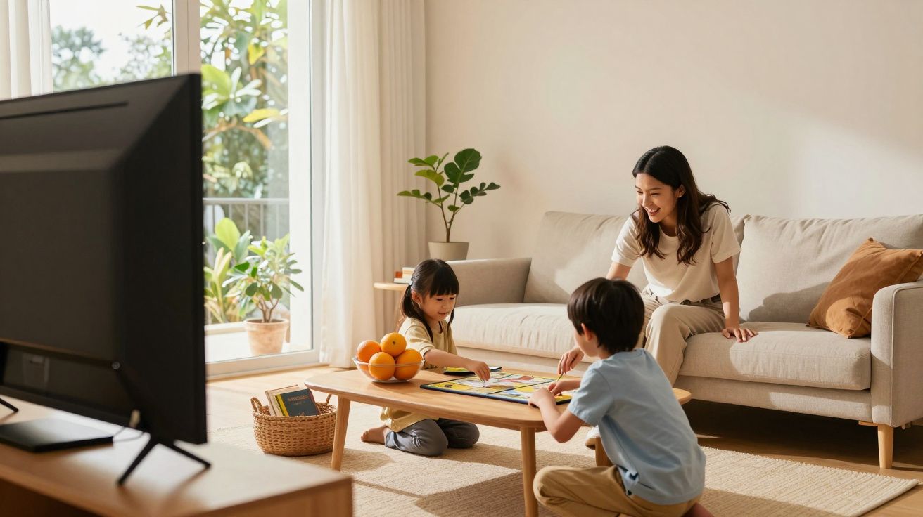Frau und zwei Kinder spielen fröhlich am Couchtisch im Wohnzimmer, umgeben von hellen Möbeln und Pflanzen.