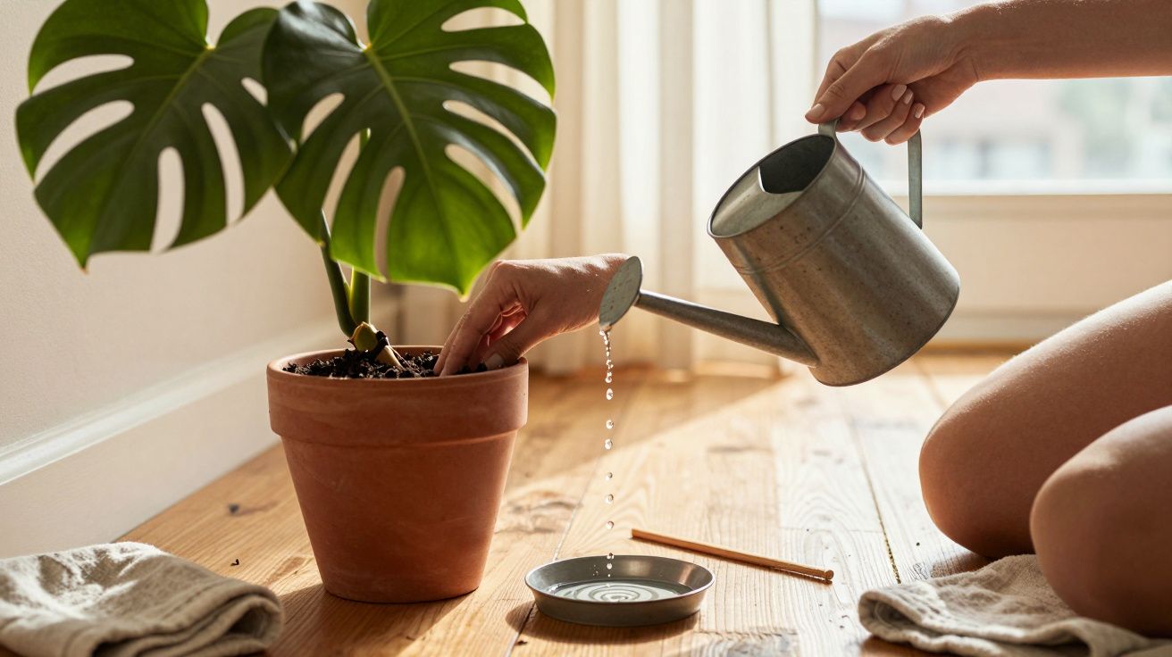 Eine Person gießt mit einer Metallkanne eine Monstera-Pflanze in einem Terrakotta-Topf auf einem Holzboden.