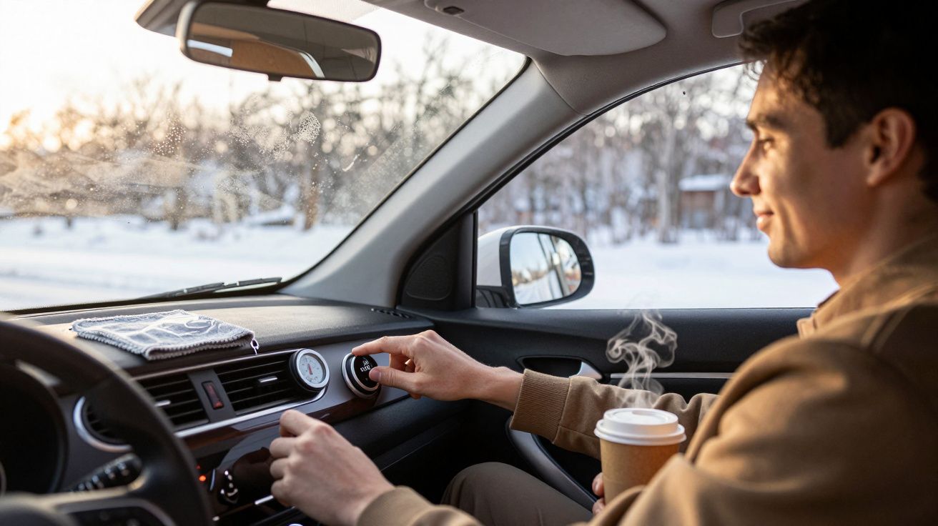 Mann im Auto steuert die Heizung und hält einen Kaffeebecher. Draußen schneebedeckte Landschaft im Morgenlicht.