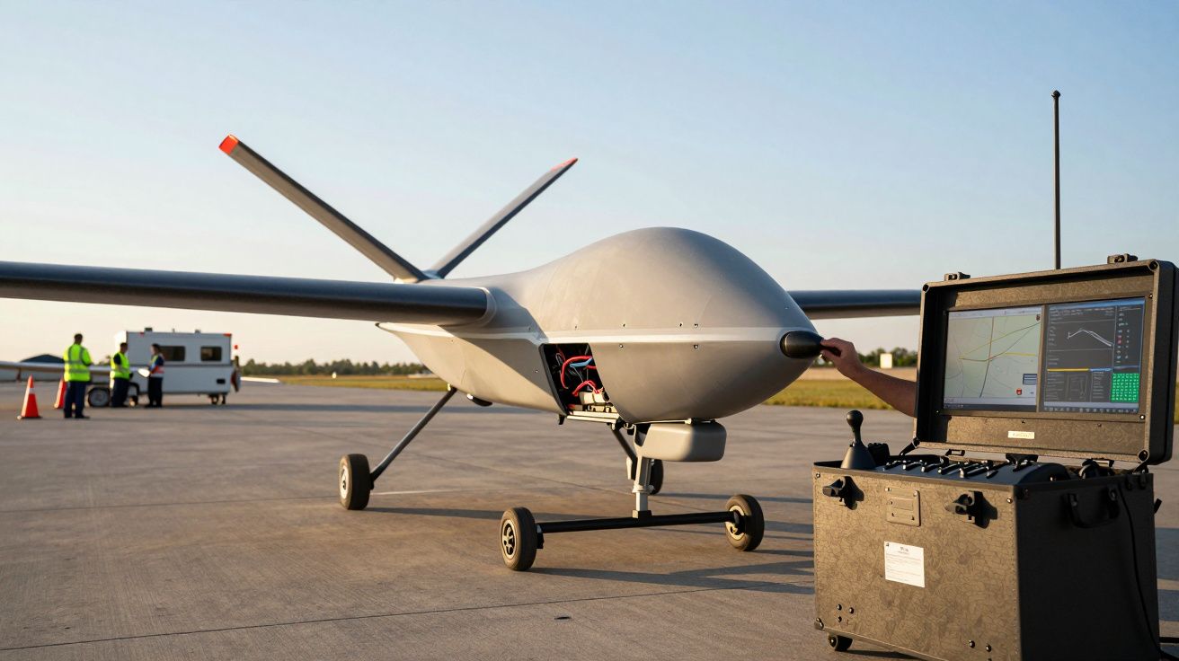 Drohne auf Rollfeld mit Fernsteuerung im Vordergrund, Person bedient die Steuerung, mehrere Menschen im Hintergrund.