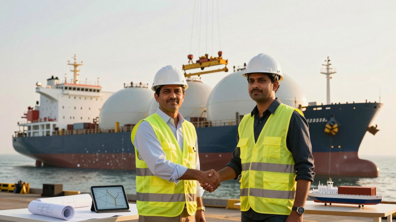 Zwei Ingenieure in Schutzwesten und Helmen schütteln vor einem Frachtschiff im Hafen die Hände.