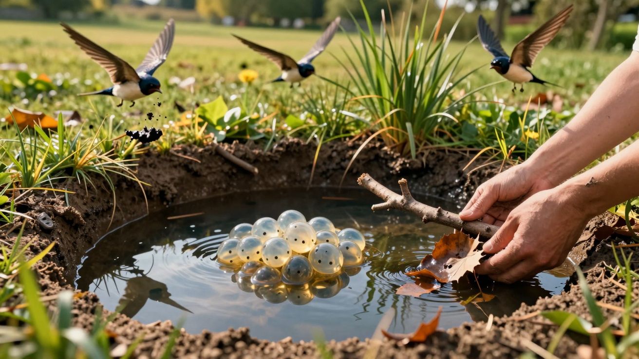 Hände halten einen Stock in einem kleinen Teich mit Froscheiern, Vögel fliegen darüber, umgeben von Gras und Blättern.