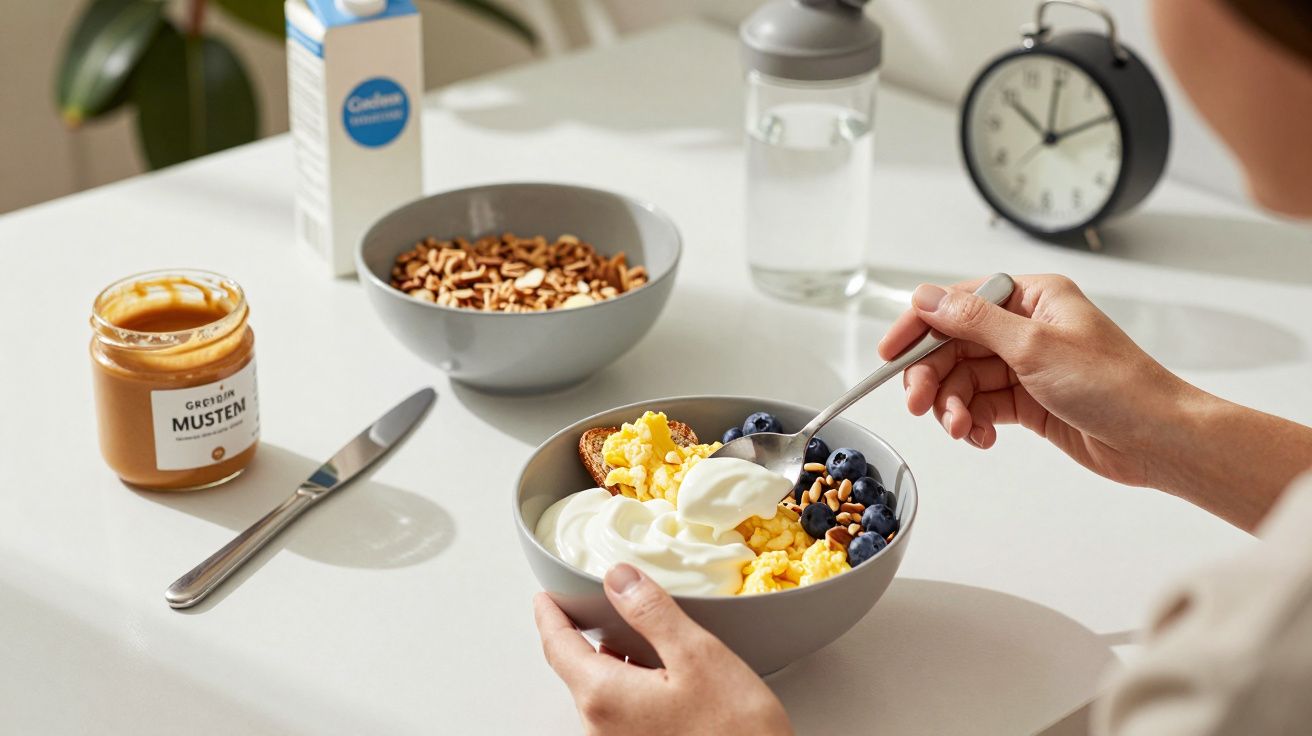 Person isst Müsli mit Joghurt und Beeren am Tisch; daneben Erdnussbutter, Messer, Müslischale, Wasserflasche, Uhr.