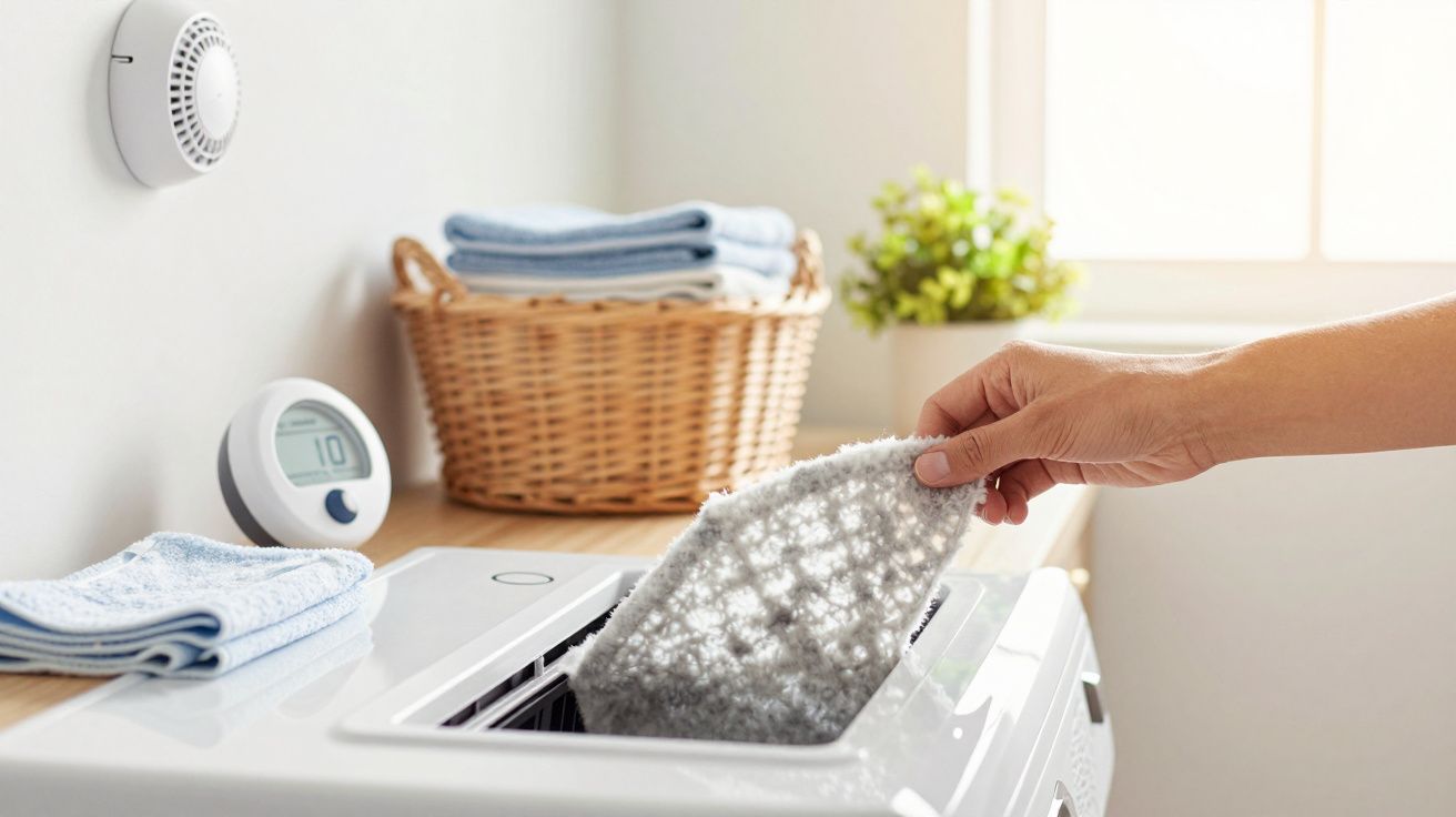 Hand entfernt Flusenfilter aus einem Trockner in einem hellen Wäschezimmer mit Korb und Pflanzen im Hintergrund.