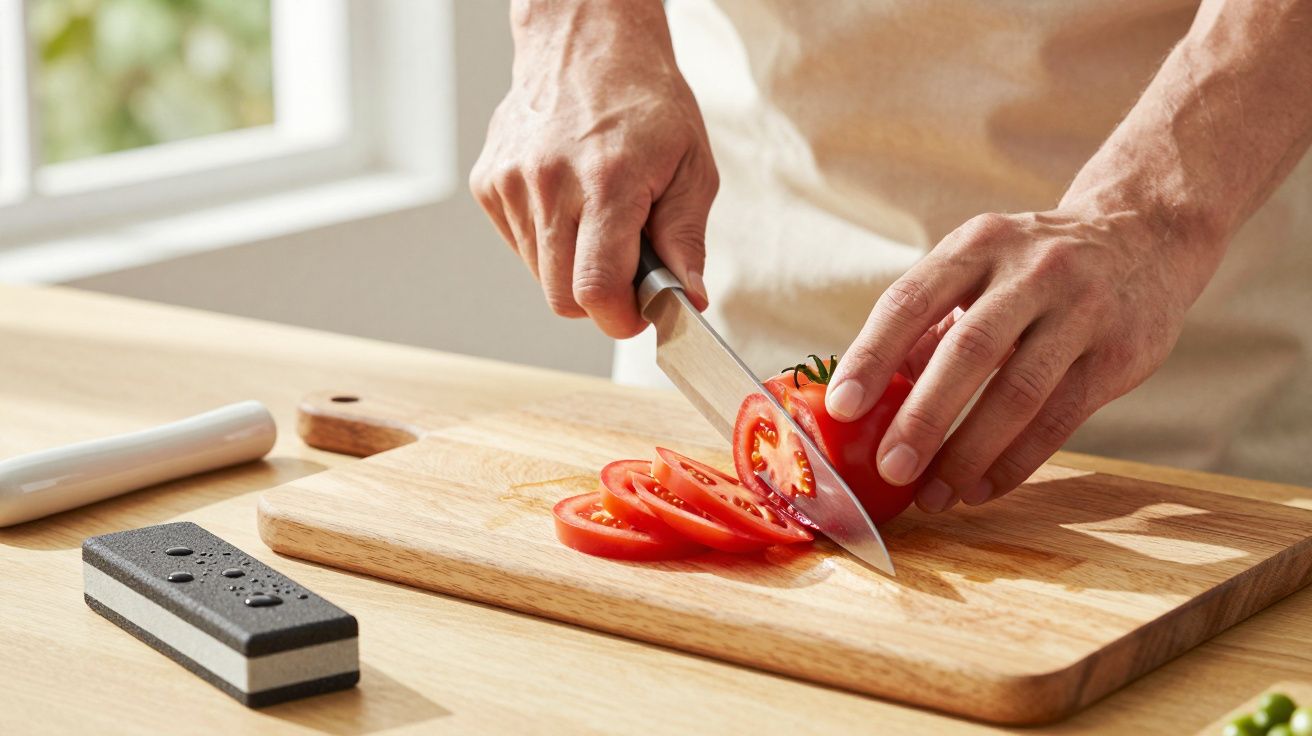 Person schneidet Tomate auf einem Holzbrett in Scheiben, weiße Schürze, hell beleuchtete Küche.