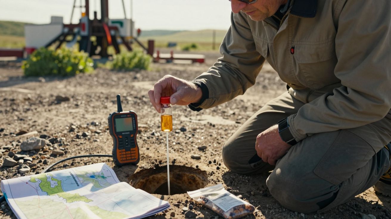 Ein Mann kniet im Freien, nimmt Bodenprobe mit Spritze, neben Karte, Funkgerät und Saatgutbeutel.