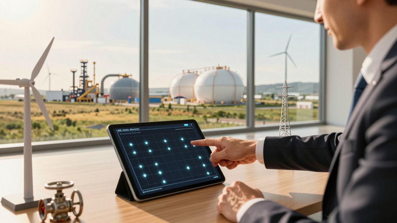Person bedient Tablet mit Energie-Diagramm, im Hintergrund Windkraftanlagen und Industrieanlage mit Gasspeichern.
