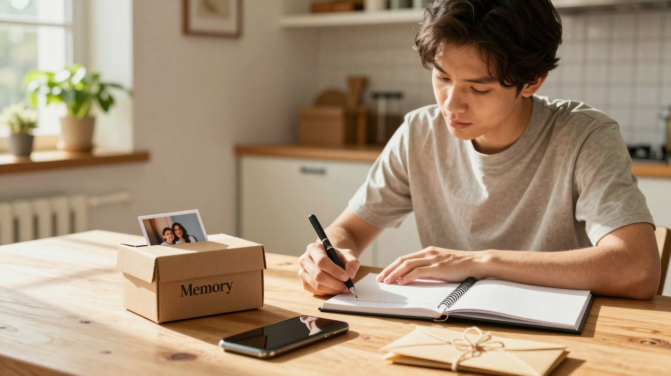 Person am Tisch schreibt in Notizbuch, daneben ein Karton mit Fotos, ein Handy und ein zugebundenes Paket in sonniger Küche.