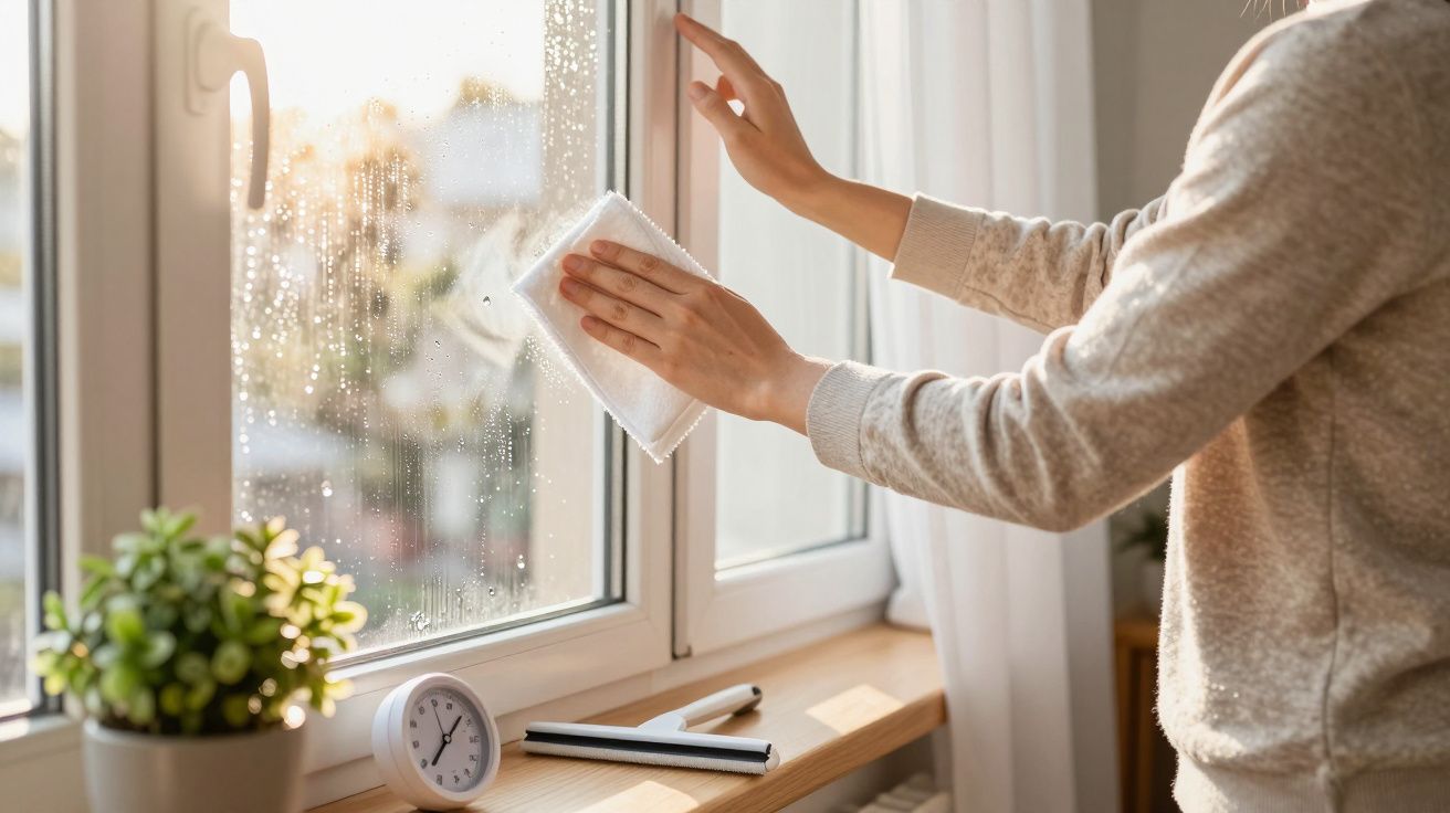 Person reinigt Fenster mit Tuch, daneben Pflanze, Uhr und Fensterabzieher auf der Fensterbank.