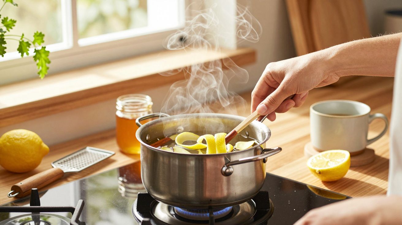 Hand rührt in Topf mit Zitronenscheiben auf Herd, Dampf steigt auf. Im Hintergrund Zitrone und Honigglas.