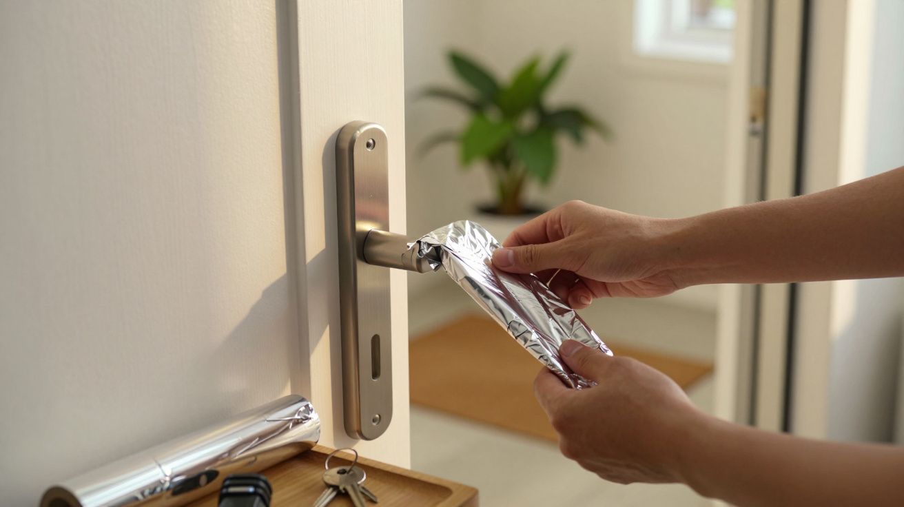 Hände wickeln Aluminiumfolie um eine Türgriff; im Hintergrund ein Tisch mit Schlüsselbund und Pflanze.