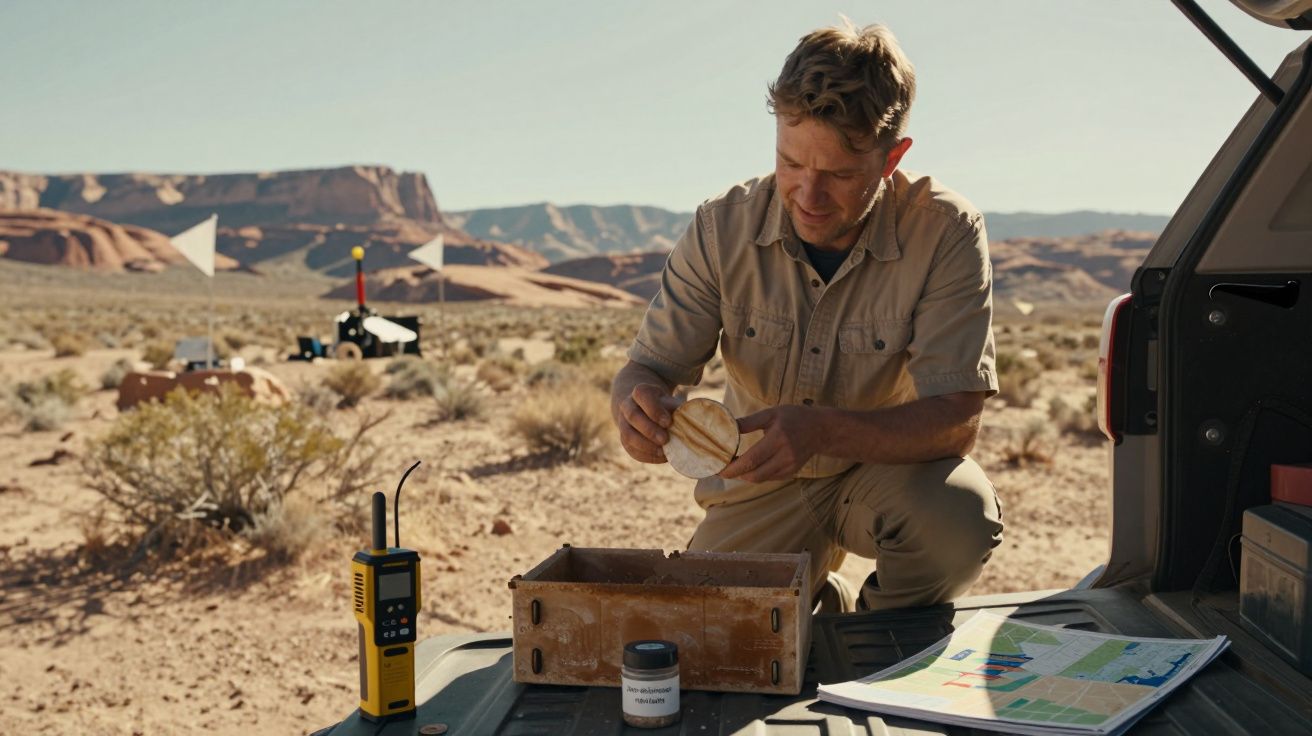 Mann in Wüste untersucht Proben neben Auto, umgeben von Ausrüstung und Karten mit Felsformationen im Hintergrund.