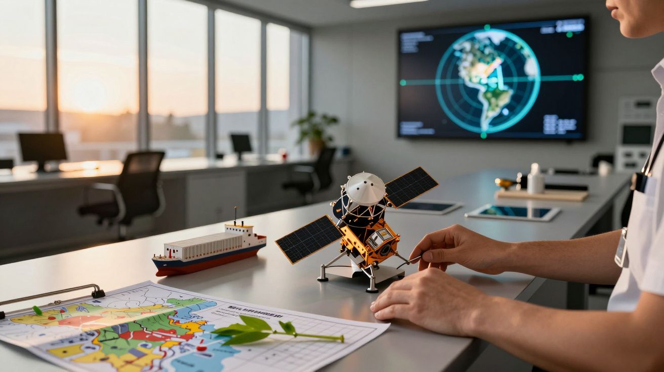 Person in Büro mit Satelit-Modell auf Schreibtisch, Weltkarte im Hintergrund, moderne Technologieumgebung.