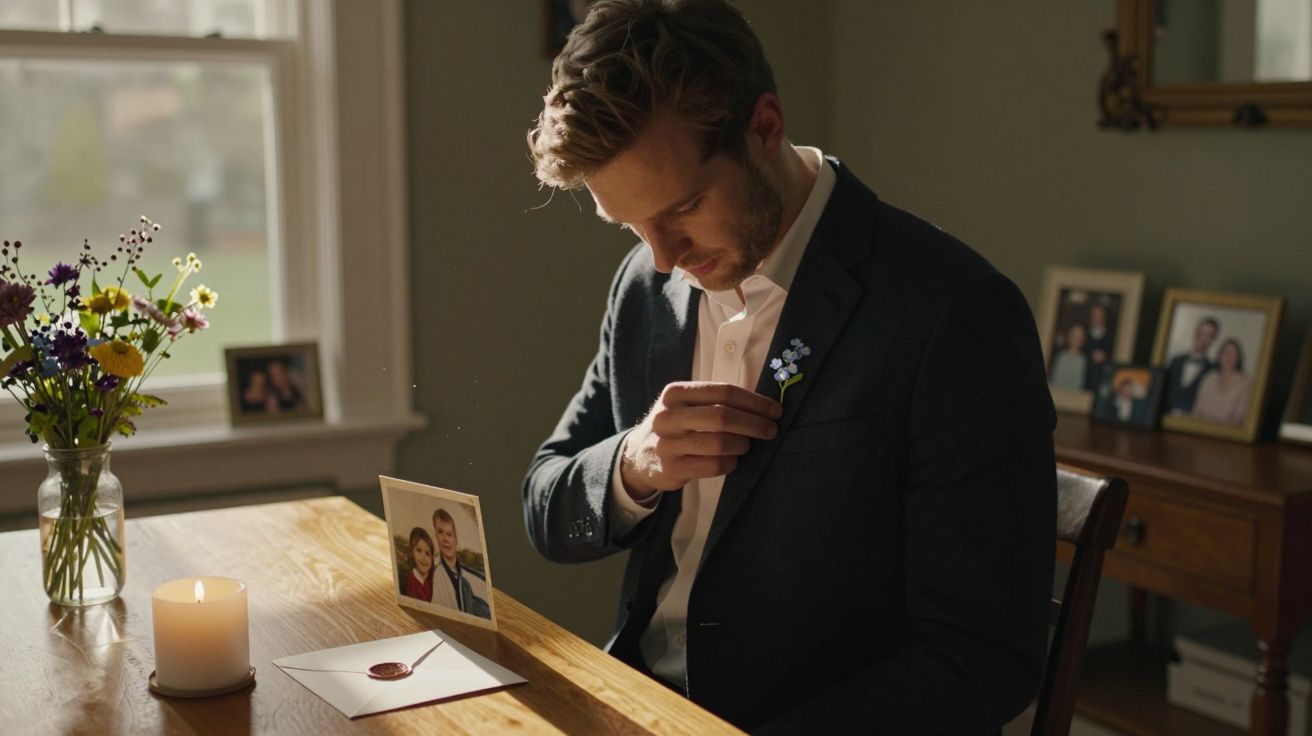 Mann im Anzug sitzt am Tisch, betrachtet eine Blüte am Revers; Fotos, Blumen, Kerze und ein Brief im Hintergrund.