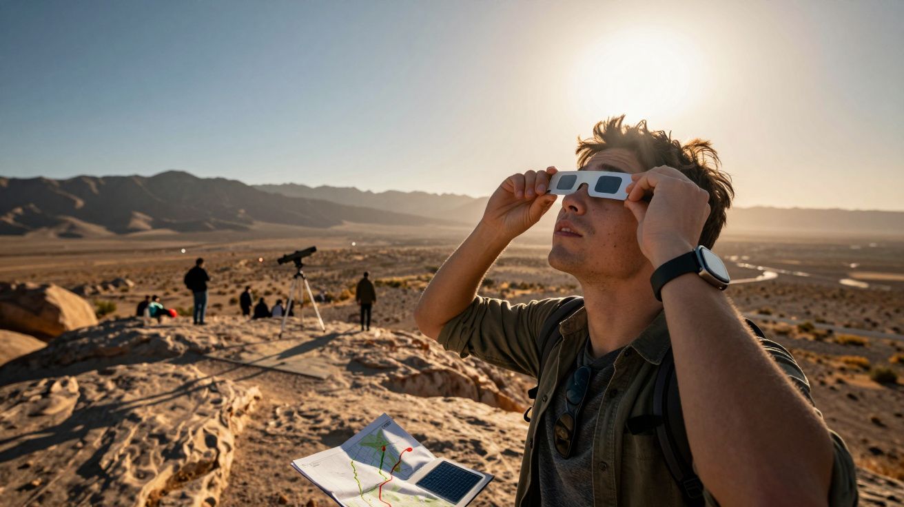 Mann beobachtet Sonnenfinsternis mit Brille in Wüste, im Hintergrund Berge, Teleskop und weitere Personen.