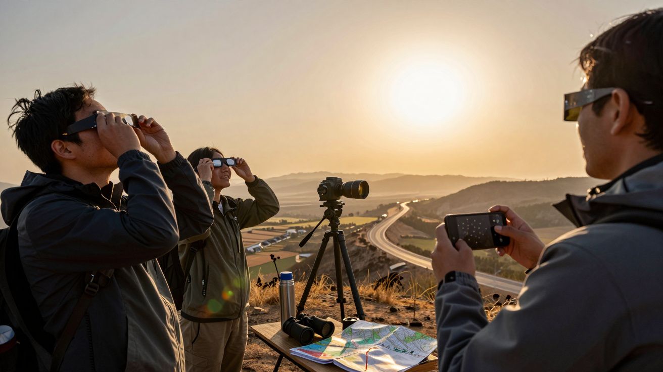 Drei Personen beobachten bei Sonnenuntergang eine Sonnenfinsternis mit Schutzbrillen und Kameras auf einem Hügel.