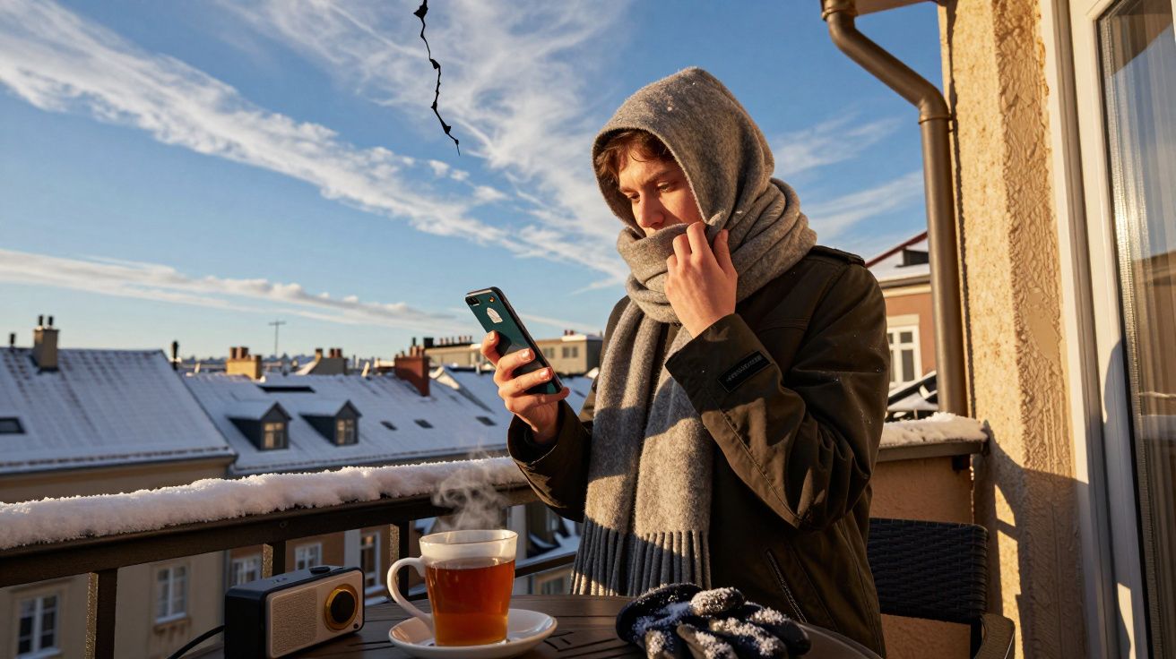 Person steht auf einem verschneiten Balkon, eingepackt in Schal und Mantel, hält ein Smartphone und neben sich dampft eine Ta