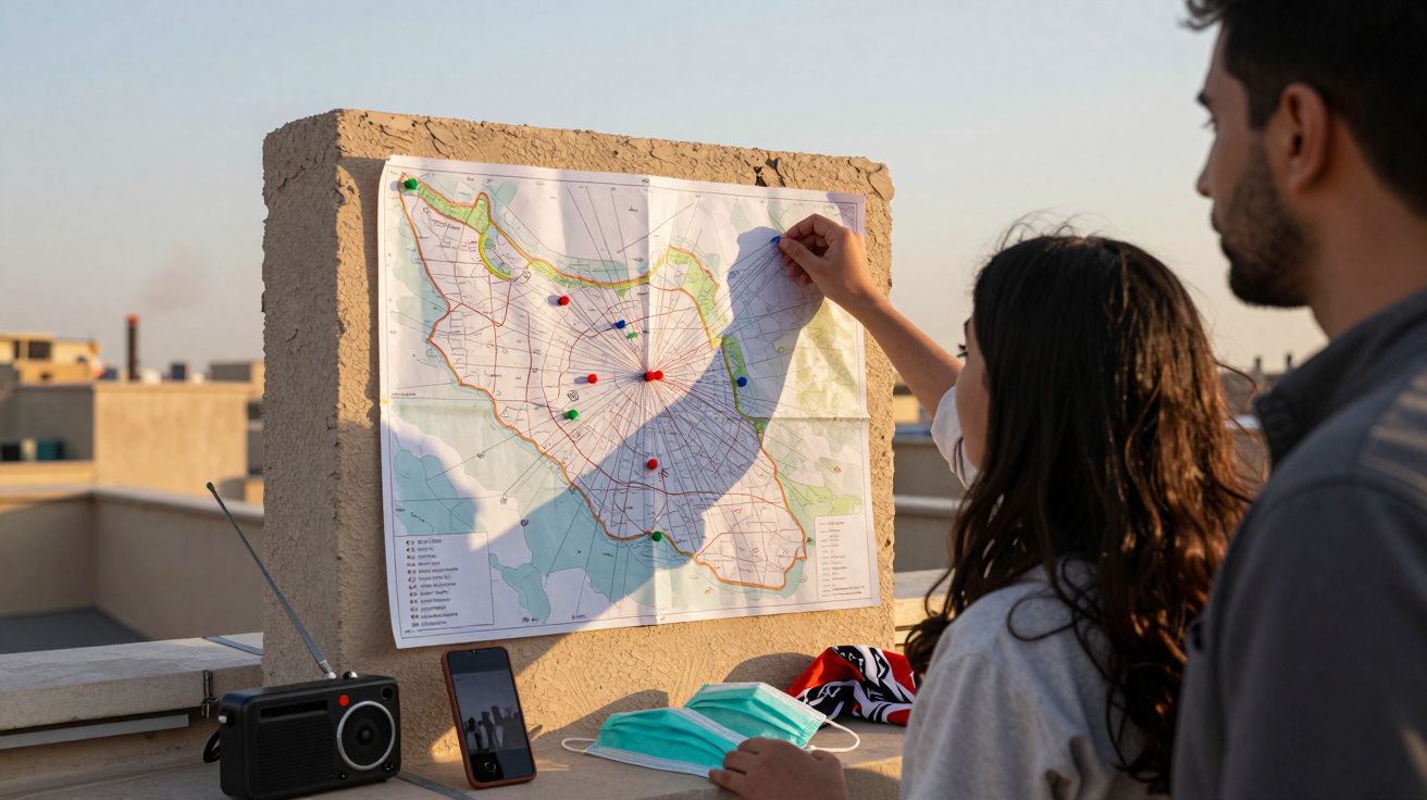 Zwei Personen betrachten eine Karte an einer Wand im Freien. Vor ihnen liegen ein Radio, ein Smartphone und Masken.