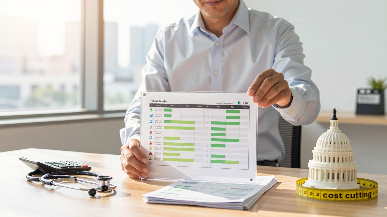 Mann im Büro zeigt Diagramm, Stethoskop und Modellkapitol auf Tisch, mit Kostenreduktion-Maßband.