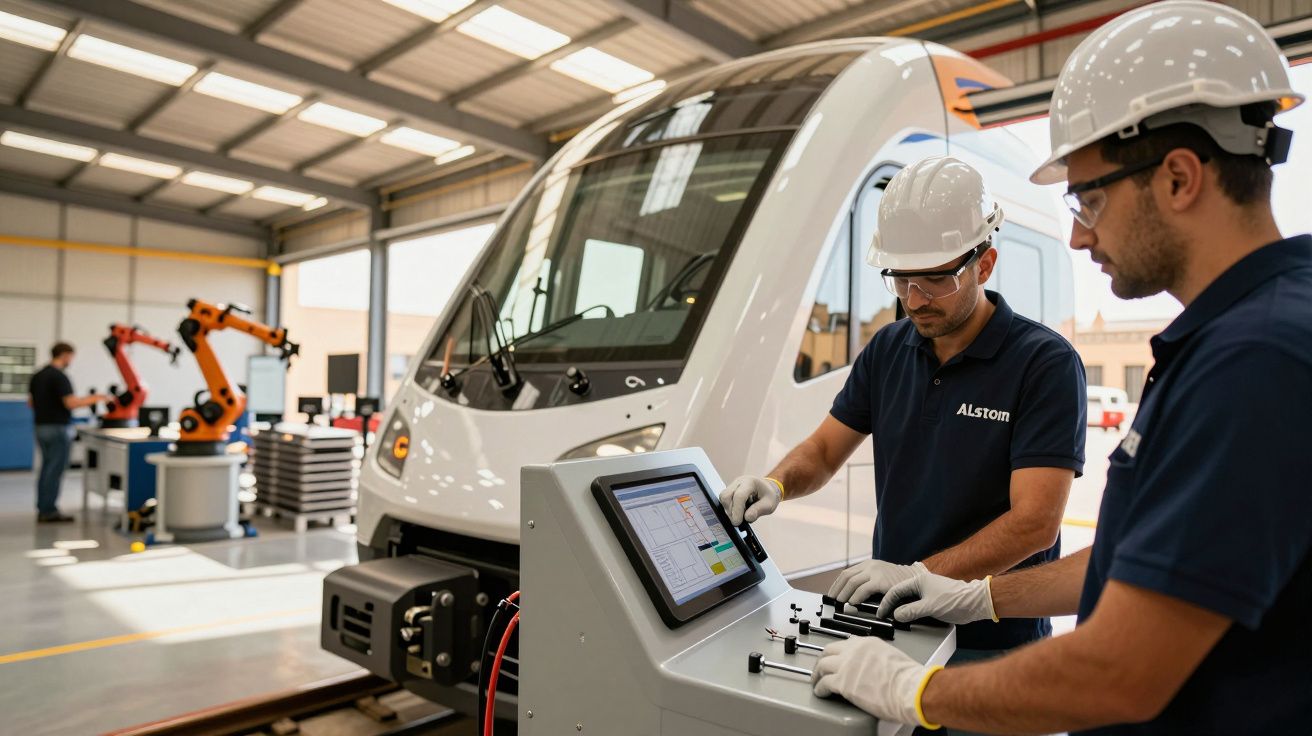 Zwei Ingenieure mit Helmen arbeiten an einem Zug in einer Fabrikhalle, bedienen ein Kontrollpanel.