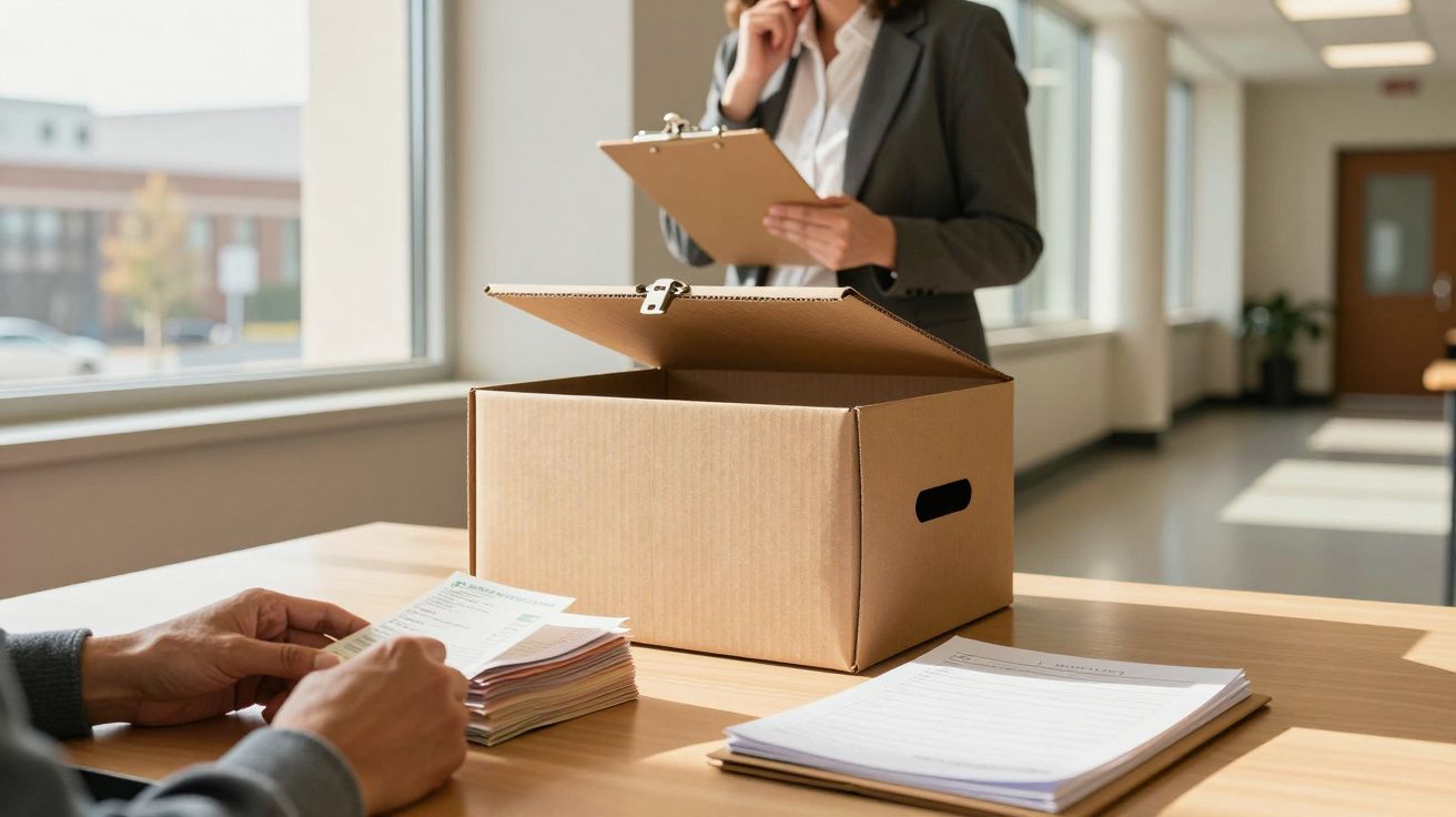 Pappkarton auf einem Tisch, geöffnet. Person im Hintergrund mit Klemmbrett, prüft Dokumente im Büro mit großen Fenstern.