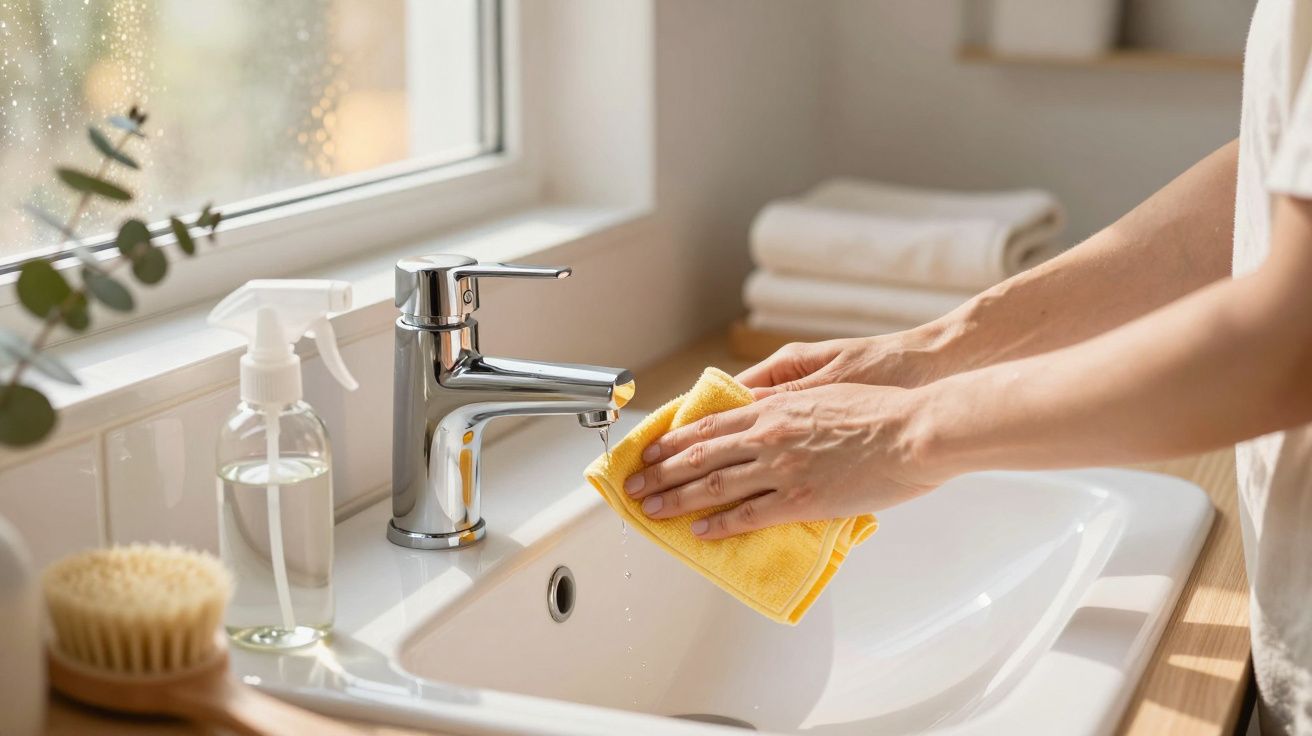 Hände reinigen ein Waschbecken mit einem gelben Tuch. Daneben steht ein Sprühreiniger und Bürste auf der Fensterbank.
