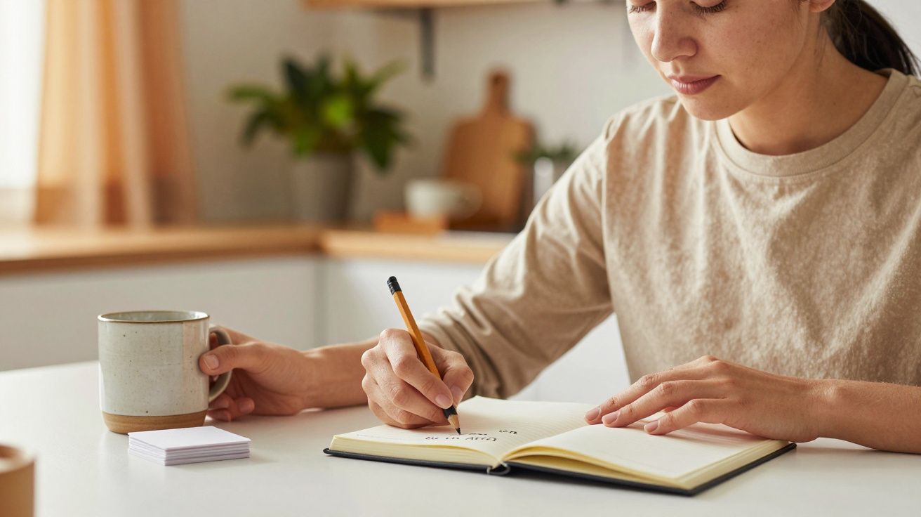Frau sitzt am Tisch, hält eine Tasse in der linken Hand und schreibt mit einem Stift in ein Notizbuch.