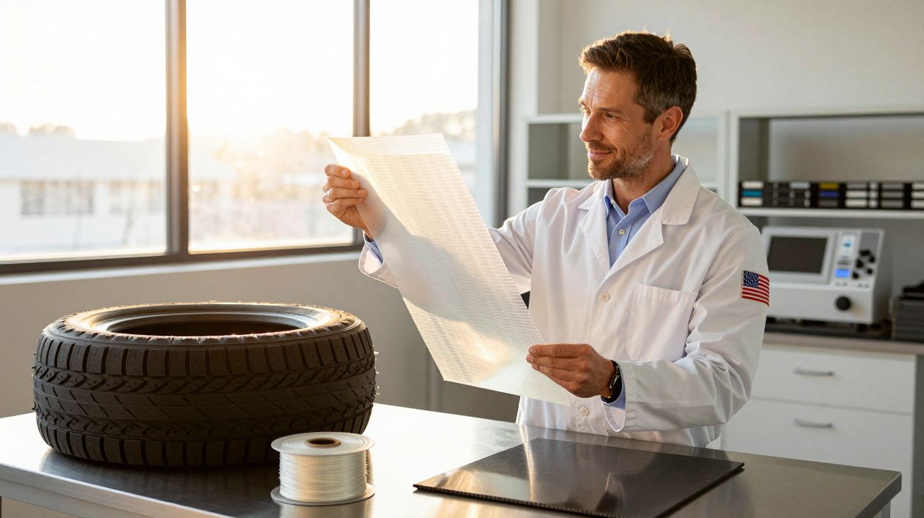 Mann im Labor untersucht ein Material vor einem Autoreifen, trägt weißen Kittel, Sonnenlicht fällt durchs Fenster.