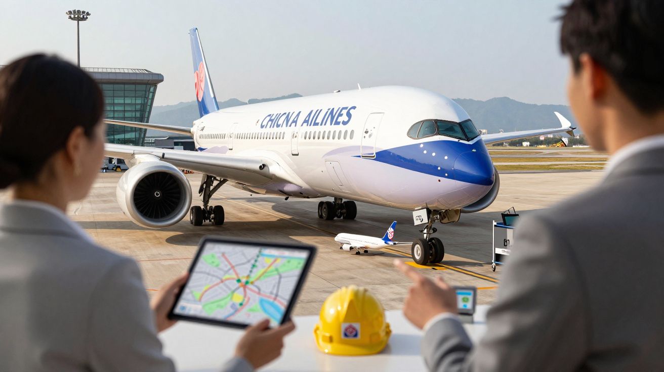 Flugzeug der China Airlines am Flughafen; zwei Personen mit Tablets im Vordergrund, Helm auf dem Tisch.