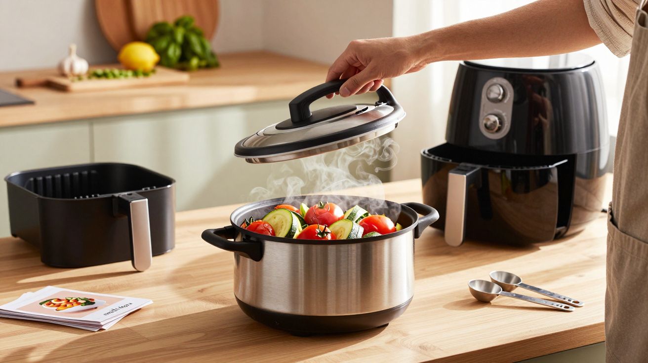 Person hebt Topfdeckel in Küche, Dampf entweicht, drinnen Gemüse wie Tomaten und Zucchini, Airfryer im Hintergrund.