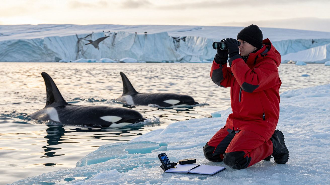 Forscher in roter Jacke beobachtet Orcas im Eiswasser mit Fernglas, Notizbuch und GPS-Gerät auf Eisfläche.