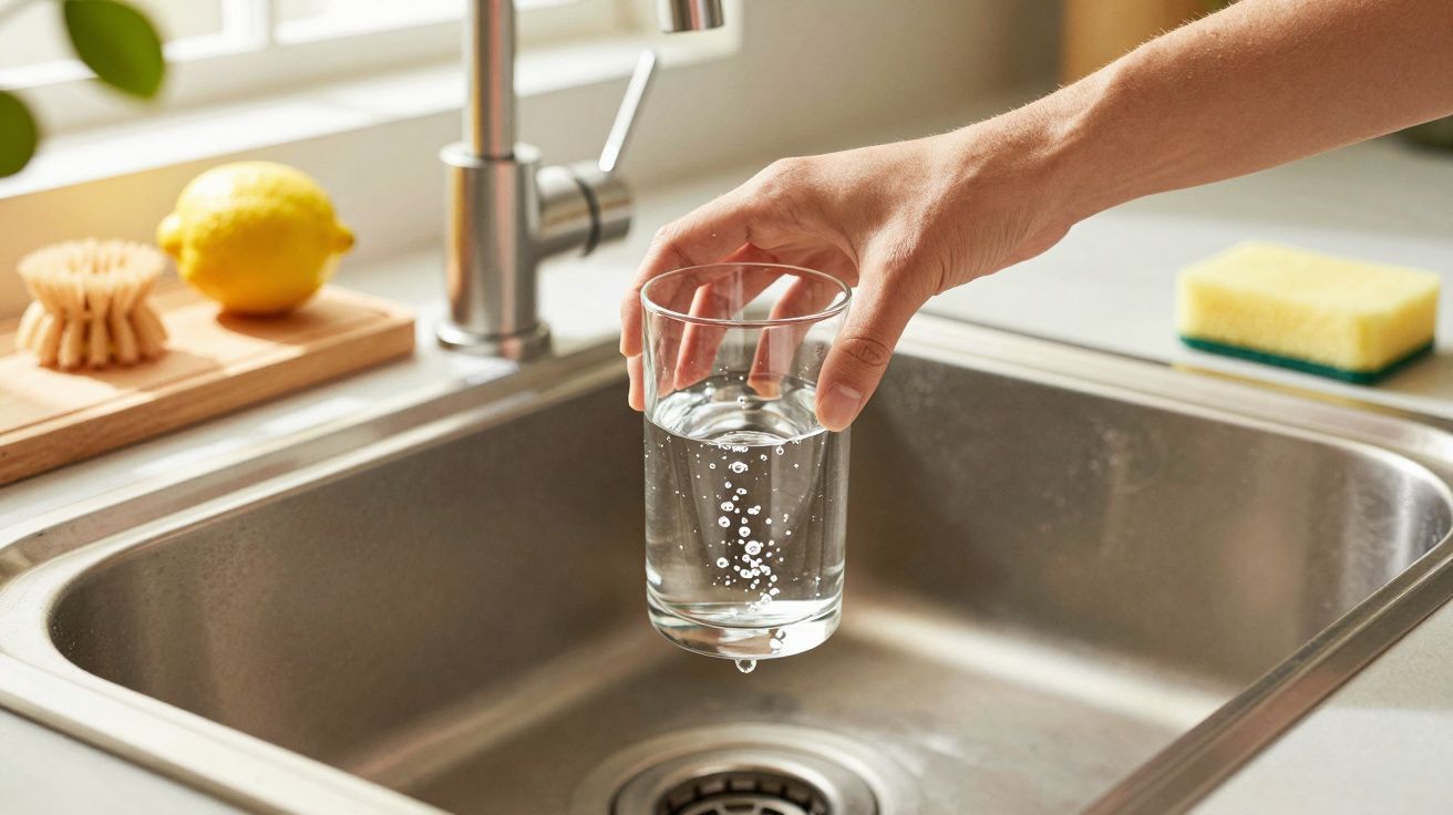 Hand hält ein Glas Wasser über dem Spülbecken, daneben Zitrone und Schwamm.