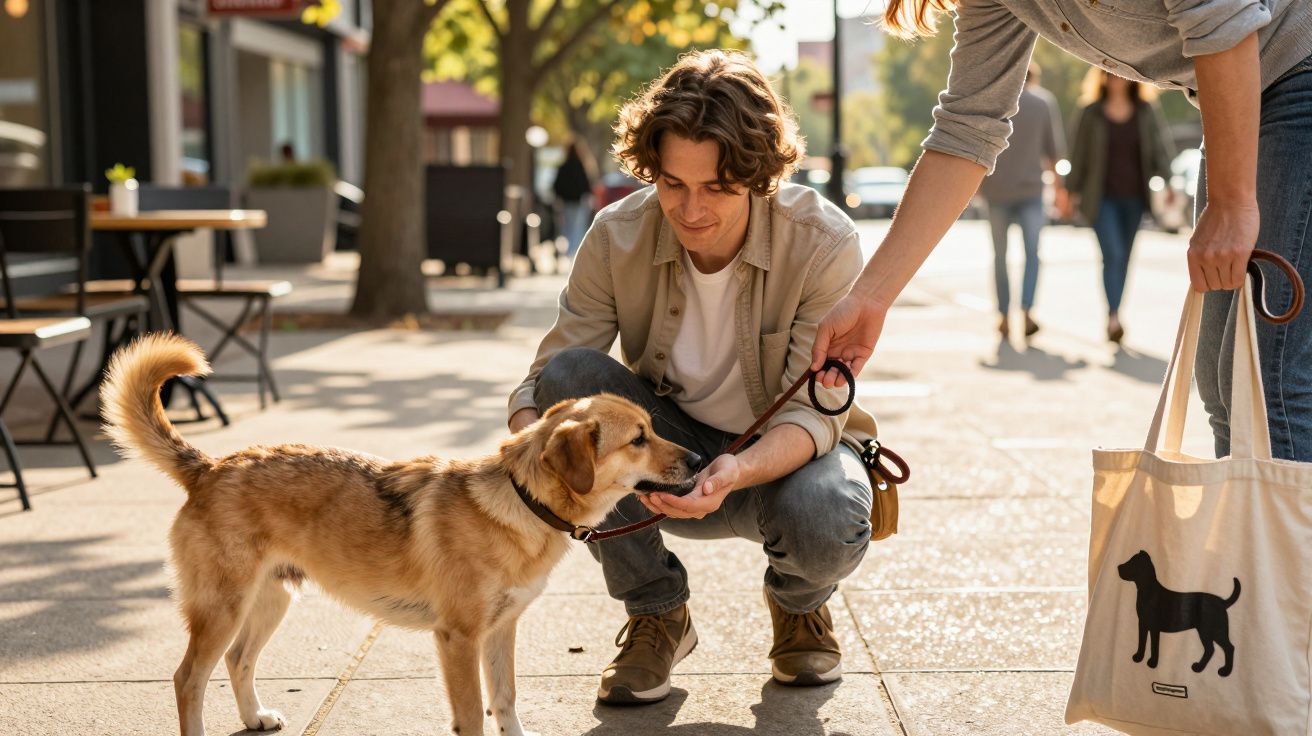 Ein Mann füttert einen Hund auf einer sonnigen Straße, daneben eine Person mit Einkaufstasche mit Hundemotiv.