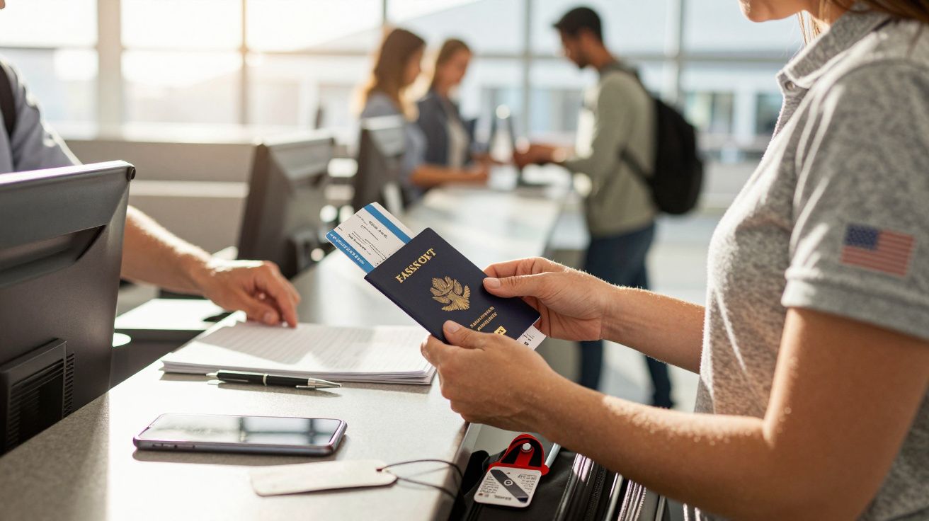 Person am Flughafenschalter hält einen Reisepass und Bordkarten, während ein Mitarbeiter Dokumente überprüft.